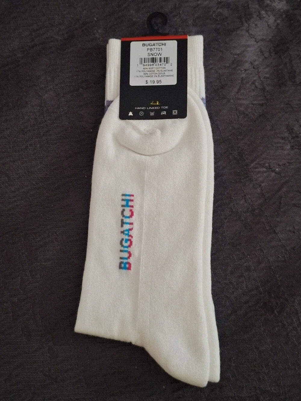 Bugatchi White Crew Socks with Bold Blue Stripe and Multicolor Bands